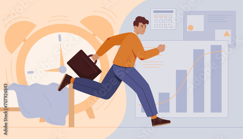 Office worker running late for work. Stressed man is late with deadlines of businesses. Flat vector illustration  © Eclair_A