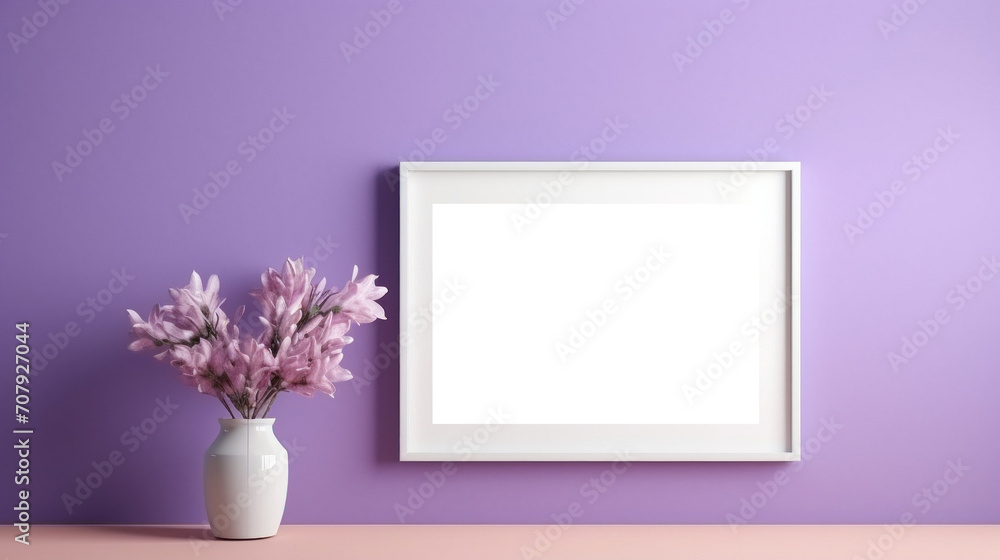 White photo frame mockup on lilac purple wall background, blank poster template. Minimalistic interior table vase with flowers decor White photo frame mockup on lilac purple wall background, blank poster template. Minimalistic interior table vase with flowers decor