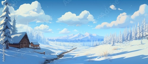 Snowy forest with a log cabin, blue sky, hillside, and no people. © TheWaterMeloonProjec
