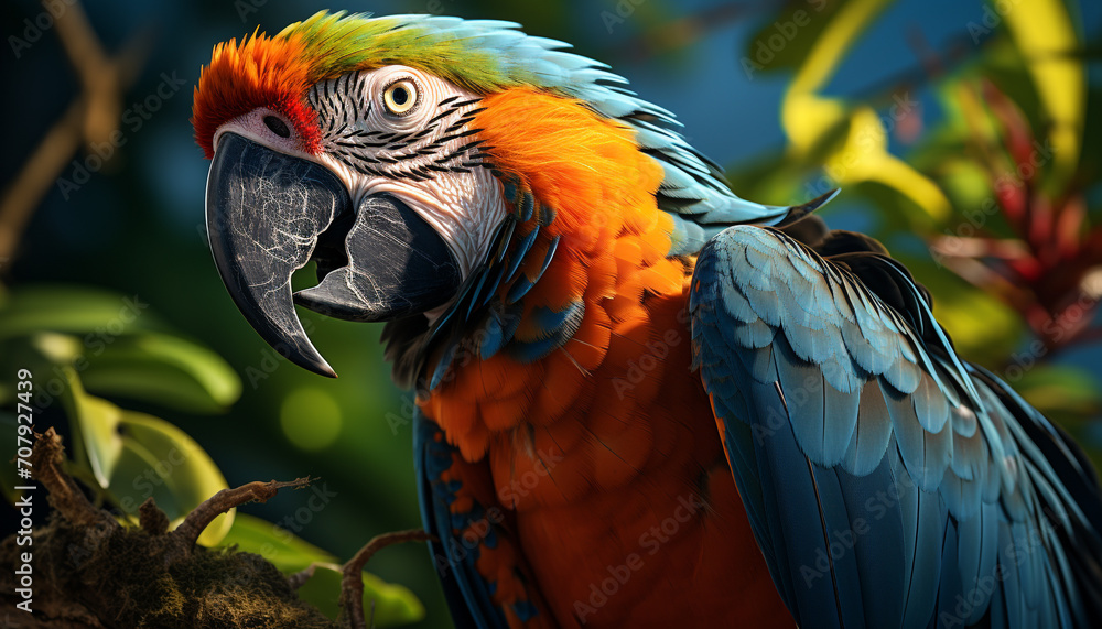 Fototapeta premium A vibrant, multi colored macaw perching on a branch in nature generated by AI