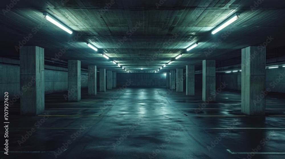 Dimly lit underground parking garage with empty spaces and modern lighting.