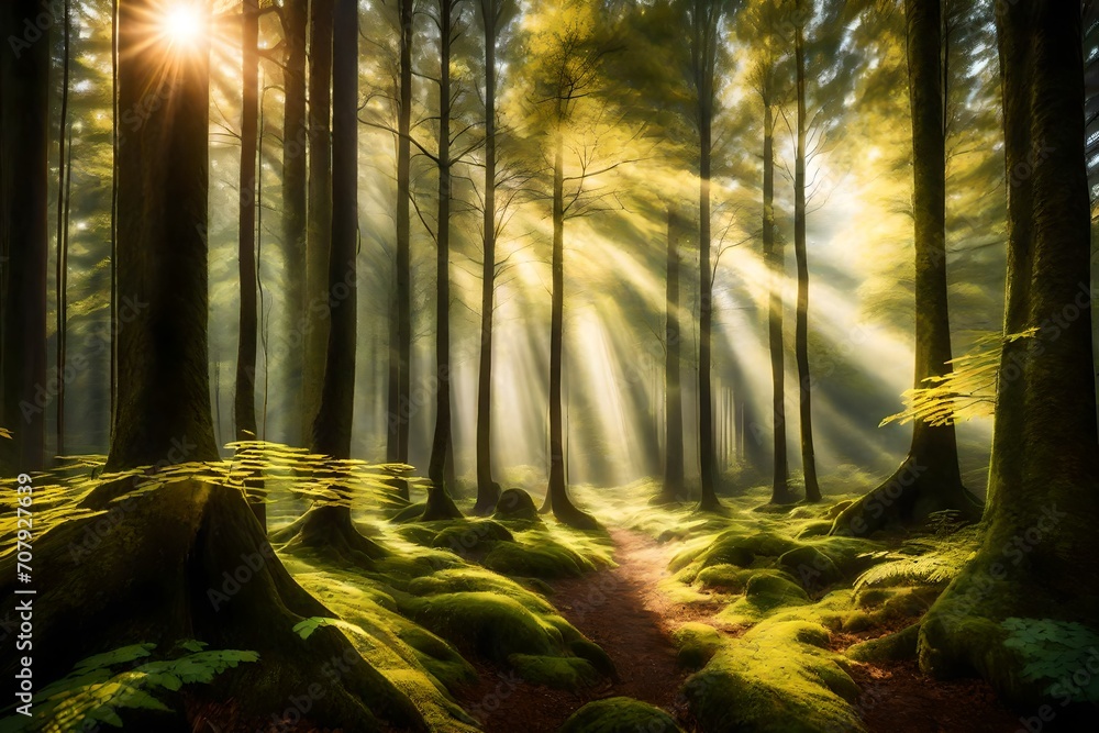 A tranquil forest scene with sunlight filtering through the trees, representing growth and renewal in mental health.
