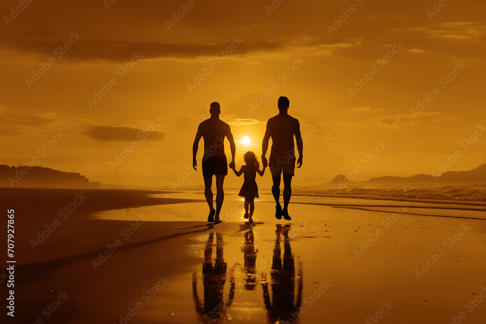 Toddler, daughter walking on beach with two homesexual parents at sunset. Silhouette of 2 two mens with his daughter - little adoption girl - walking on sunrise beach at sunset. 