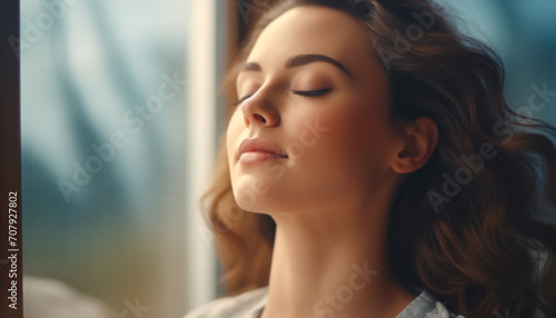 Young adult woman with brown hair, indoors, close up, looking relaxed generated by AI