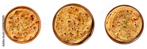 Set of plate of paratha top view on transparent background