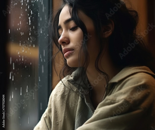 Young woman with long brown hair looking out the window generated by AI
