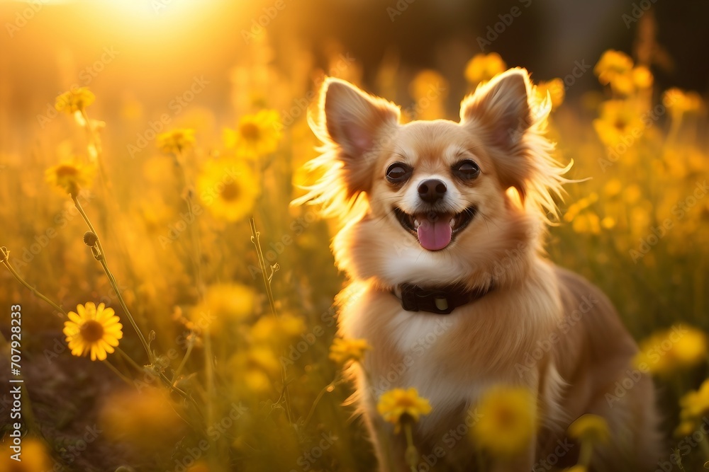 Chihuahua dog sitting in meadow field surrounded by vibrant wildflowers and grass on sunny day ai generated