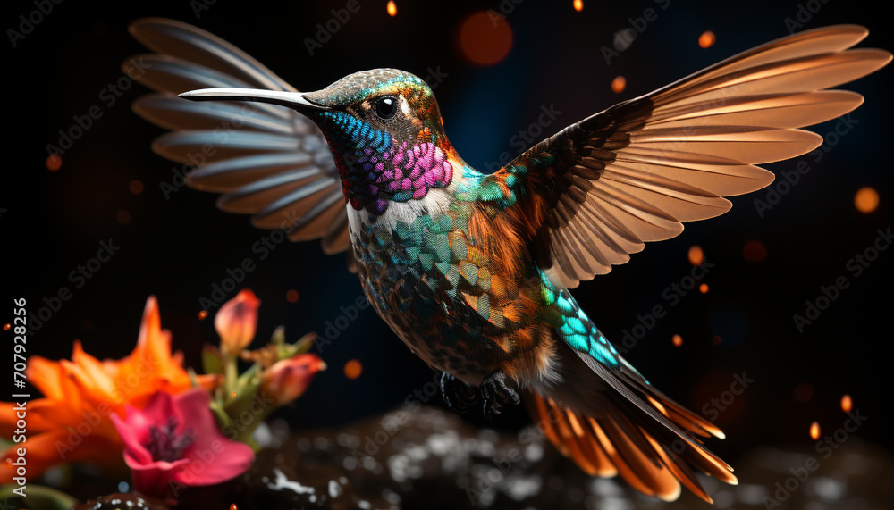Naklejka premium Hummingbird hovers, spreads wings, pollinates nature vibrant, iridescent beauty generated by AI