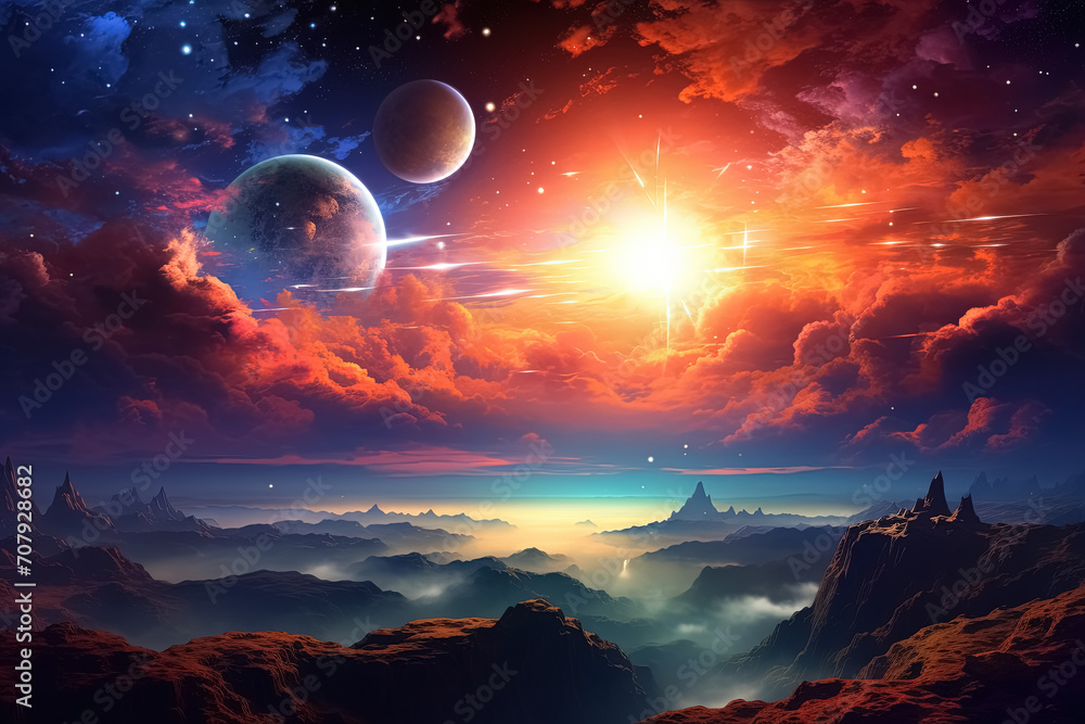 Fantasy landscape with planets and nebula. Generative Ai