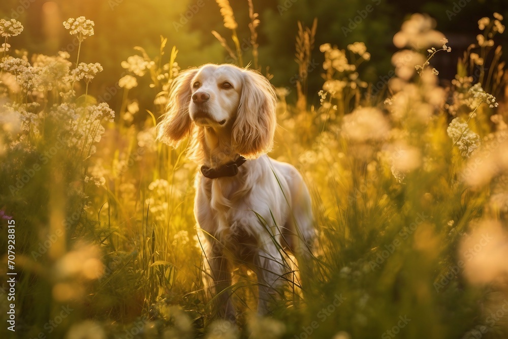 American cocker spaniel dog standing in meadow field surrounded by vibrant wildflowers and grass on sunny day AI Generated