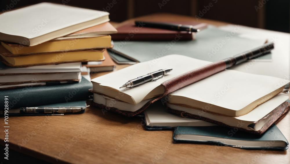 A stack of textbooks and notebooks with a pen and paper. generative AI A stack of textbooks and notebooks with a pen and paper. generative AI
