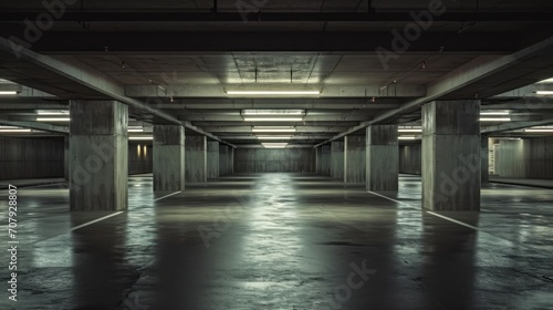 Dimly lit underground parking garage with empty spaces and modern lighting. photo
