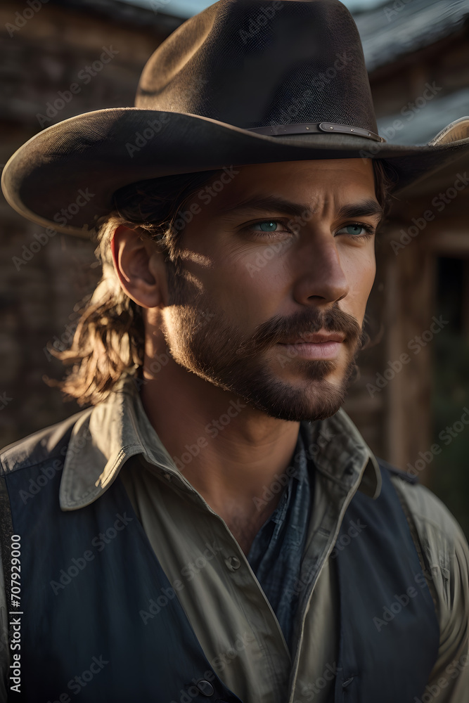 Man in Cowboy Hat Standing in Front of Cabin in the Countryside Created With Generative AI Technology Man in Cowboy Hat Standing in Front of Cabin in the Countryside Created With Generative AI Technology