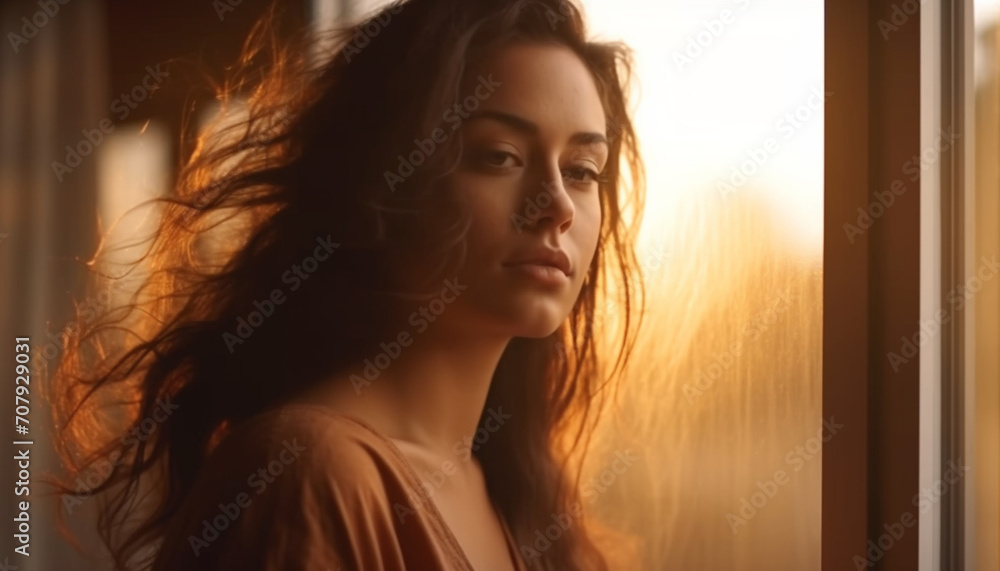 Young woman with long brown hair looking at camera, enjoying sunset generated by AI