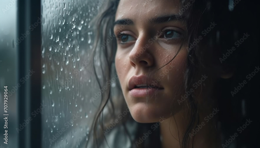 Young woman looking through wet window, sadness in eyes generated by AI Young woman looking through wet window, sadness in eyes generated by AI