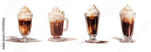 Set of Vienna Coffee in a glass beaker, traditional Austrian coffee beverage topped with whipped cream and cocoa powder, popular korean trend, isolated on white background