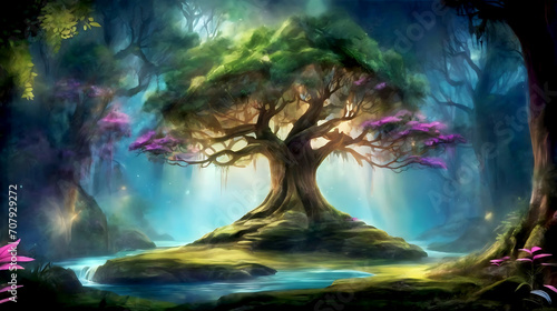 A beautiful fairytale enchanted forest with big trees and great vegetation. Digital painting background photo