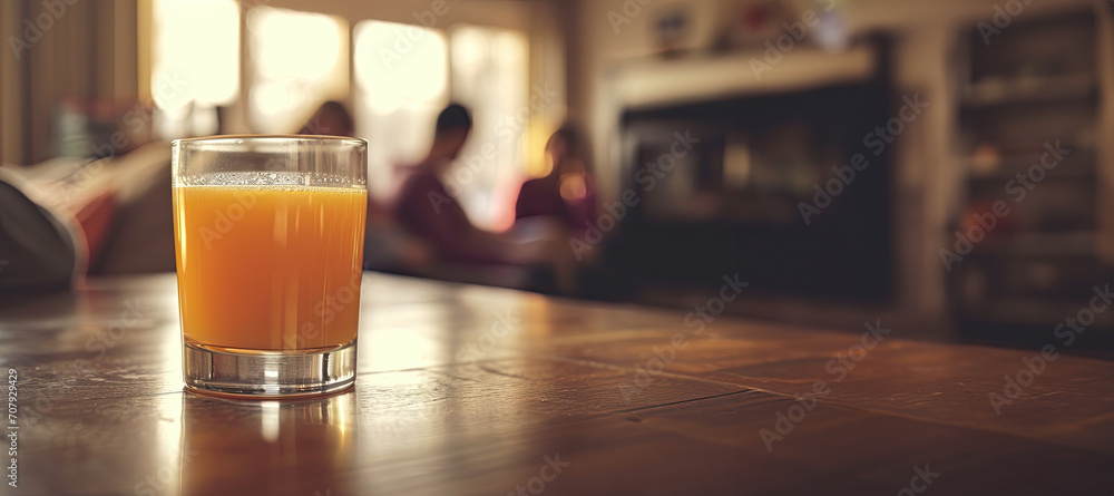 A glass of orange juice on a table with a blurred background