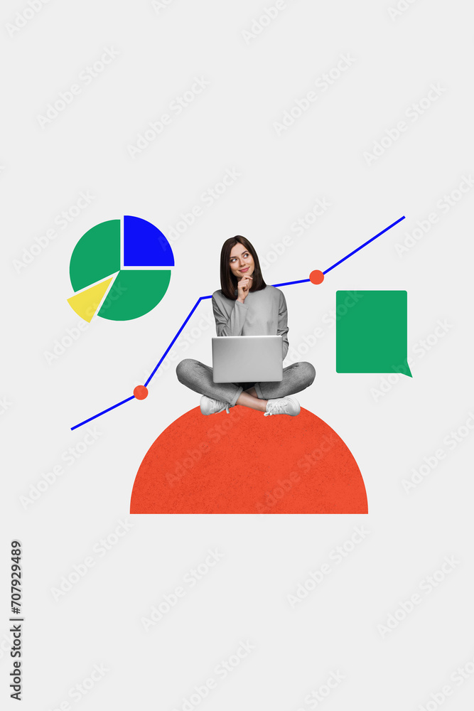 Φωτογραφία Vertical collage picture of minded intelligent girl use laptop contemplate growi