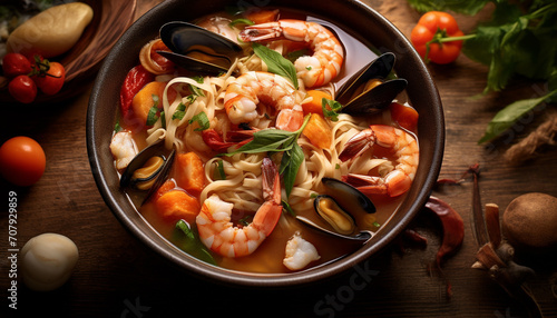 Fresh seafood, prawn, mussel, scampi, cooked with healthy vegetables generated by AI
