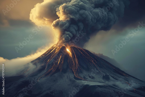 natural landscape with an erupting volcano