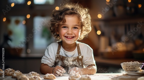 A joyful, humorous child makes cookies in the kitchen, Generative AI. photo