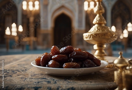 Platter of dates in front of a background depicting the elements of a mosque.