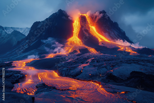 close view of a volcanic eruption with lava flows