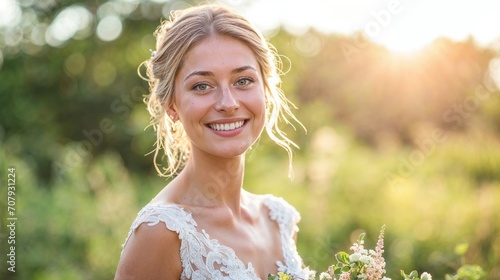 Young blonde bride in white wedding dress on field at sunset, smiling.
