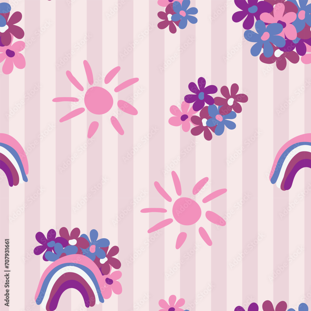 Cute seamless pattern of colors, rainbow and sun. Neutral colors. Vector illustration.