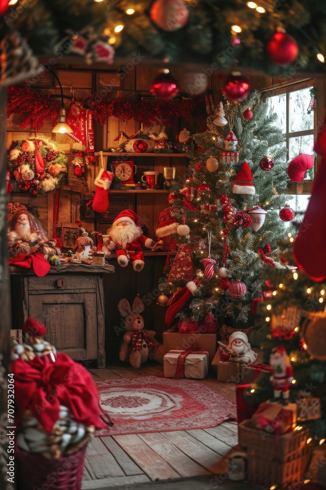 A room adorned with an abundance of Christmas decorations. Perfect for adding a touch of holiday cheer to any project A room adorned with an abundance of Christmas decorations. Perfect for adding a touch of holiday cheer to any project