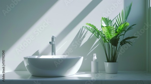A white sink sitting next to a green plant. Perfect for home decor and interior design concepts