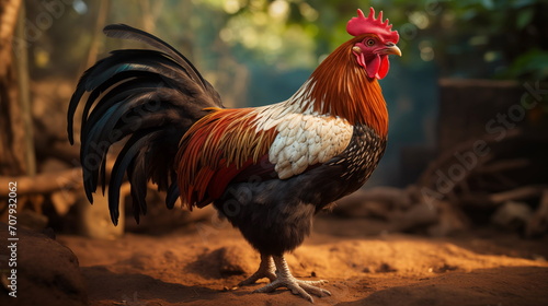 Colorful bantam rooster standing on ground. AI Generative.