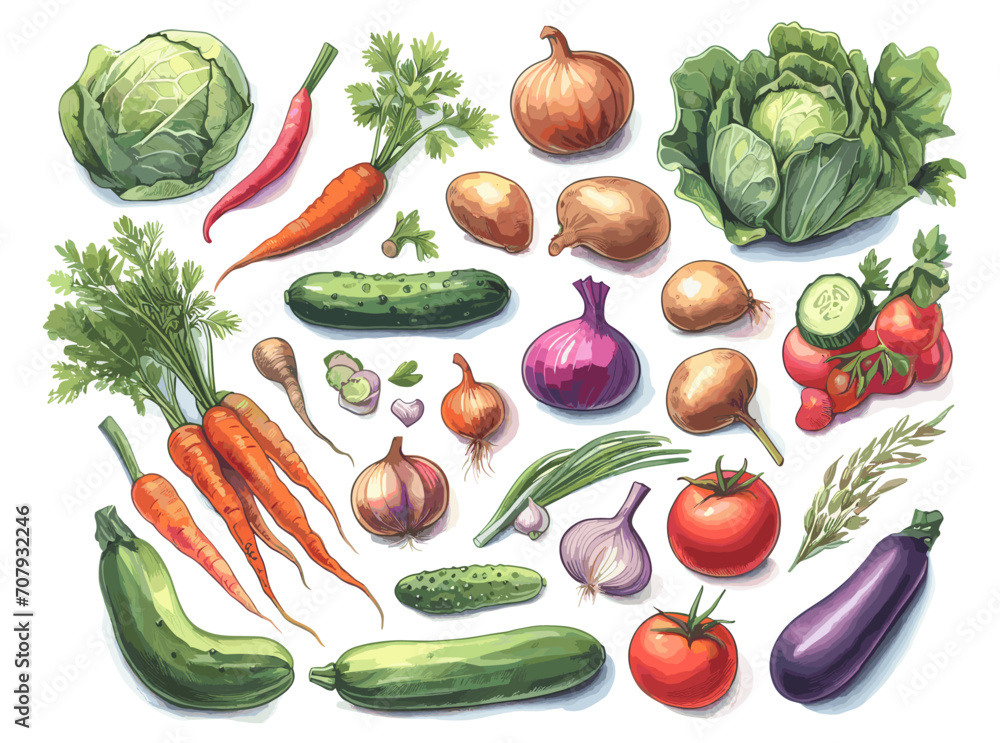 A set of vegetables. Colored icons of various vegetables, potatoes, cabbage, tomatoes cucumbers onions zucchini A set of vegetables. Colored icons of various vegetables, potatoes, cabbage, tomatoes cucumbers onions zucchini
