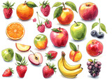 small pictures of fruits. Colored icons of various fruits, apples, oranges, bananas, berries, strawberries, kiwis, plums