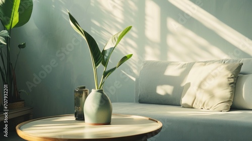 A white couch sitting next to a table with a plant. Perfect for home decor or interior design projects