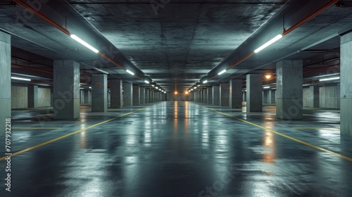 Dimly lit underground parking garage with empty spaces and modern lighting.