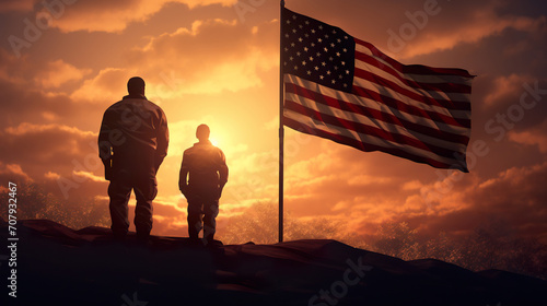 American soldiers by national USA flag at 4th of July, independence day of America and US military, patriotism concept, to serve and protect photo