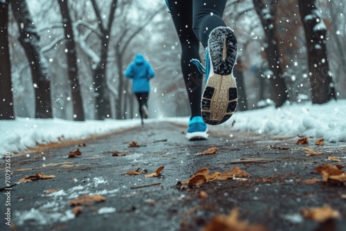 A person is running on a snowy path. This image can be used to represent winter activities or fitness and exercise in cold weather