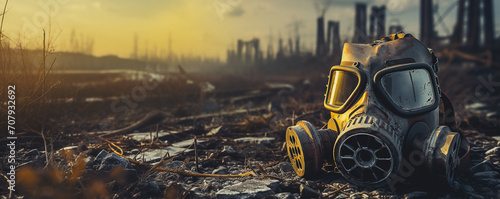 used and abandoned gas mask on a blurred background of a destroyed nuclear power plant