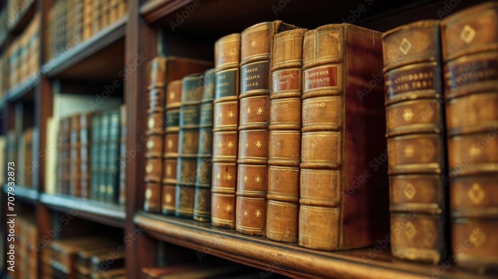 A row of old books neatly arranged on a wooden shelf. Ideal for bookstores, libraries, or vintage-themed designs A row of old books neatly arranged on a wooden shelf. Ideal for bookstores, libraries, or vintage-themed designs