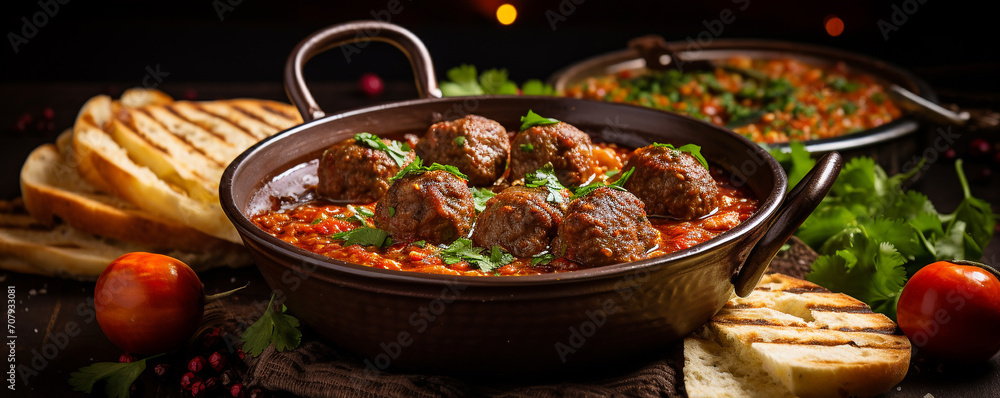 Traditional homemade beef and lamb meatballs with arabic bread, tomato sauce, pomegranate and aromatic herbs. Halal food Traditional homemade beef and lamb meatballs with arabic bread, tomato sauce, pomegranate and aromatic herbs. Halal food