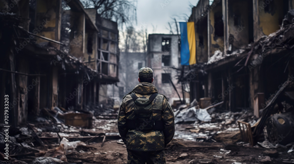 Ukrainian soldier standing on destroyed by missile strike city background with blue and yellow flag, Russia Ukraine war concept, demolished building and territory liberation