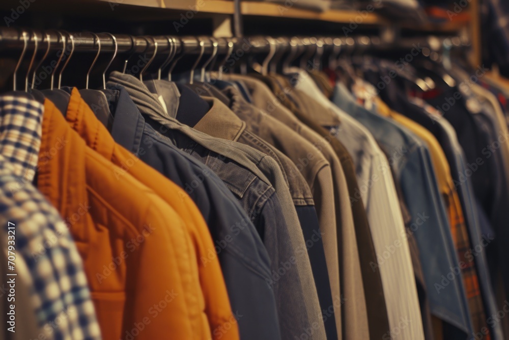 Obraz premium Shirts hanging on a rack, suitable for retail or clothing store visuals