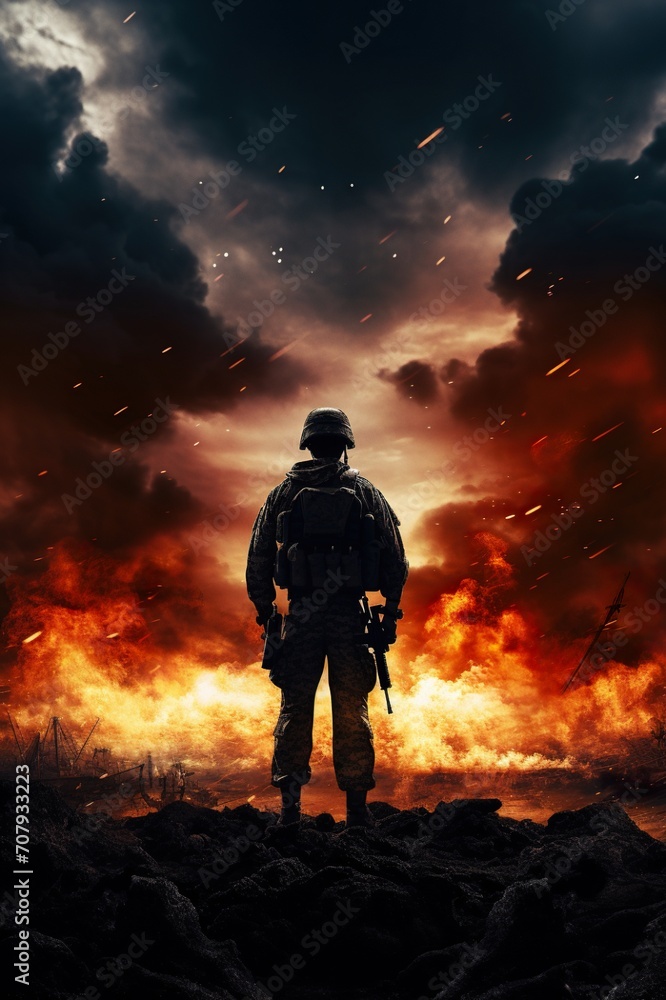 silhouette of soldier standing on devastated land after battle, military infantry warrior on battlefield on ruined city background, conflict zone concept silhouette of soldier standing on devastated land after battle, military infantry warrior on battlefield on ruined city background, conflict zone concept