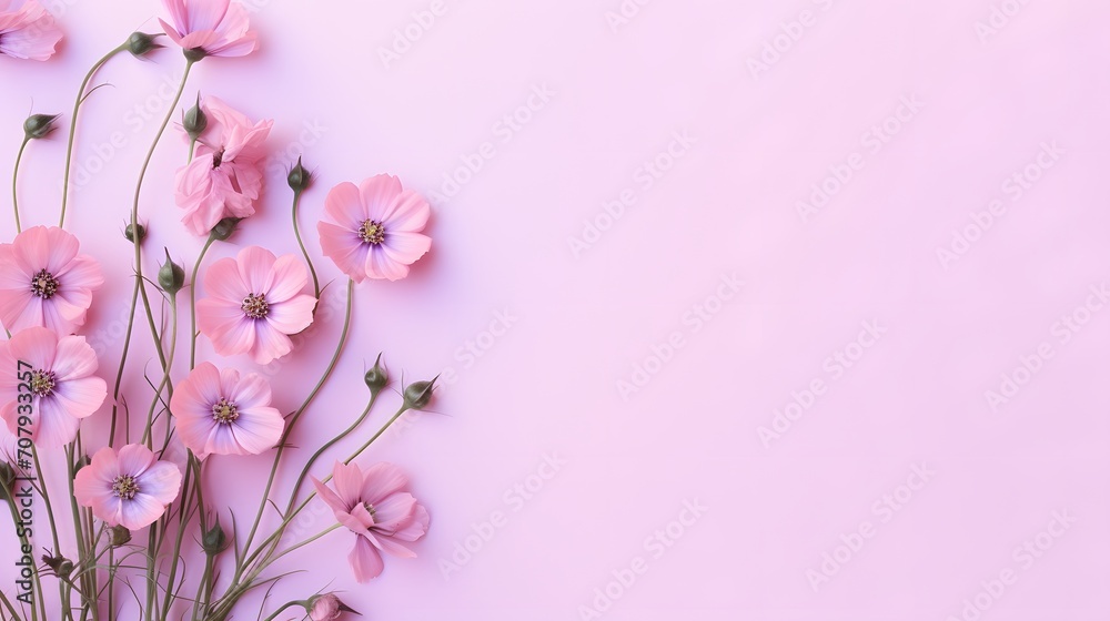 Bouquet of nigella flowers on pink background. Minimalistic floral composition, top view and flat lay