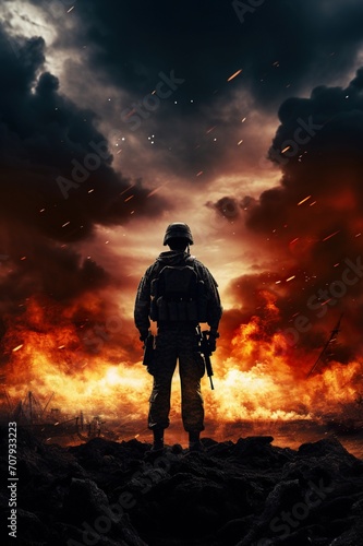 silhouette of soldier standing on devastated land after battle, military infantry warrior on battlefield on ruined city background, conflict zone concept © goami