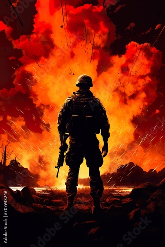 silhouette of soldier standing on devastated land after battle, military infantry warrior on battlefield on ruined city background, conflict zone concept © goami