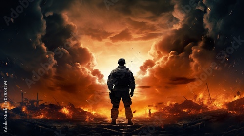 Fotografie, Tablou silhouette of soldier standing on devastated land after battle, military infantr