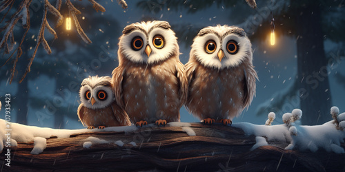 three cute owls with big eyes sit on a branch covered with snow